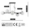 A diagram showing the dimensions and specifications of a black chandelier with white glass globes. Náhled obrázku produktu