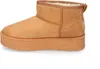 A side view of a tan platform boot with a white fuzzy lining. Produktbild-Vorschau