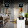 A split image showing a humid bathroom on the left and a room with a dehumidifier on the right. Produktbild-Vorschau