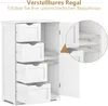 A white bathroom cabinet with four drawers and an open door revealing adjustable shelves. Text overlays describe features. Náhled obrázku produktu