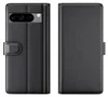 A black leather flip case for a Google Pixel 8 Pro phone is shown from the front and back. Produktbild-Vorschau