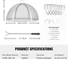 A diagram showing a fire pit cover and its accessories, along with product specifications. Produktbild-Vorschau