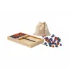 A wooden board game with colorful pieces and a drawstring bag on a white background. Produktbild-Vorschau