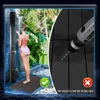 A woman is showering outdoors next to a solar shower, with a drill shown in a separate panel. Produktbild-Vorschau