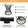 A collage of images showcasing a round table with a marble-like top and a black, twisted metal base, along with close-ups of its features and descriptive text. Produktbild-Vorschau