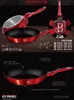 A marketing image showcasing a red frying pan with various product details and specifications. Náhled obrázku produktu