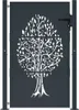 A dark gray garden gate with a white tree design cut out of it, set against a light gray background. Produktbild-Vorschau