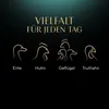 Marketing image showing stylized outlines of different poultry and a duck, with German text overlay. Produktbild-Vorschau