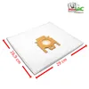A white vacuum cleaner bag with a brown cardboard attachment is shown on a white background. Red arrows indicate dimensions. Produktbild-Vorschau