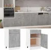 A kitchen cabinet with a concrete gray finish and white accents, shown in a full kitchen setting and as individual units. Náhled obrázku produktu