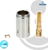 A product shot of a faucet extension set, including a chrome sleeve and a brass spindle, with a small clip. The Tecuro logo and a circular badge with a bathtub icon are also visible. Produktbild-Vorschau