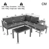 A diagram showing the dimensions of a modular outdoor furniture set, including sofas and tables. Produktbild-Vorschau