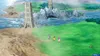Three characters walk across a grassy field towards two ancient towers by the sea. Produktbild-Vorschau