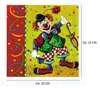 A cartoon clown with a hat, holding an umbrella and a horn, on a colorful background with confetti and streamers. Anteprima dell’immagine prodotto