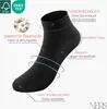 A single black sock is displayed on a white background with informational text and diagrams highlighting its features. Produktbild-Vorschau