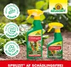 Two bottles of Neudorff Spruzit AF Schädlingsfrei are shown in a garden setting, with green plants and brown soil in the background. There are also circular badges with icons and text on the left side of the image. Produktbild-Vorschau