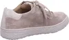 A side view of a beige suede sneaker with white laces and a textured white sole. Produktbild-Vorschau