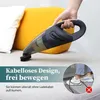 A hand holding a cordless vacuum cleaner on a couch, with text overlays and a circular inset showing feet with a cord and a red cross symbol. Produktbild-Vorschau