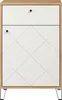 A front view of a white and light brown dresser with black legs. Voir les images du produit