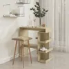 A bar table with shelves and a stool in a room with sheer curtains. Anteprima dell’immagine prodotto