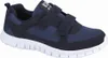 A navy blue sneaker with white soles and two velcro straps. Produktbild-Vorschau