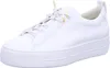 A white leather sneaker with gold eyelets and laces is shown from a side angle against a white background. Voir les images du produit