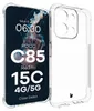A clear phone case is shown next to a phone displaying product information and a jellyfish image. Produktbild-Vorschau