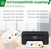 A printer is shown on a desk with printed charts, and a list of compatible Brother printer models is displayed. Produktbild-Vorschau