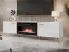 A modern white TV stand with a built-in electric fireplace, illuminated by a lamp and decorative vase. Náhľad obrázku produktu