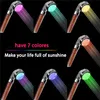 A collage of images showing a LED shower head with water streams in different colors. Produktbild-Vorschau