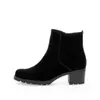 A black suede ankle boot with a block heel is shown from the side against a white background. Produktbild-Vorschau