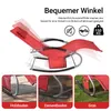 A red rocking chair is shown in various positions and on different surfaces, with text highlighting its features. Produktbild-Vorschau