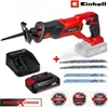 A collage of a cordless reciprocating saw, its battery, charger, and multiple saw blades, along with warranty and feature badges. Produktbild-Vorschau