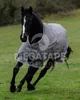 A black horse wearing a gray turnout blanket runs across a grassy field. Produktbild-Vorschau