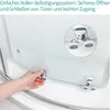 A hand is shown adjusting the rollers of a shower door, with a close-up inset of the rollers. Produktbild-Vorschau