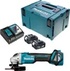 A collection of Makita power tools and accessories, including an angle grinder, batteries, a charger, and a storage case, arranged on a white background. Produktbild-Vorschau