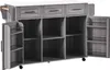 A kitchen island cart with drawers and open shelves, with one side door open to reveal storage shelves. Podgląd zdjęcia produktu