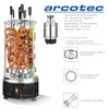 A vertical electric grill with food on skewers, along with marketing text and icons describing its features. Produktbild-Vorschau