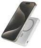 A smartphone is magnetically attached to a white power bank with a stand feature. Podgląd zdjęcia produktu