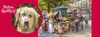 A painting of a street scene with people and a flower stall, with a close-up of a dog's face in a circular overlay. Podgląd zdjęcia produktu