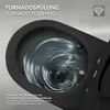 A close-up view of a black toilet bowl with water swirling in a tornado-like motion, illustrating the flushing mechanism. Text overlays describe the features. Podgląd zdjęcia produktu