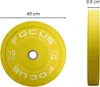A yellow weightlifting plate shown from the front and side, with dimensions indicated. Produktbild-Vorschau