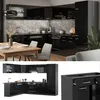A collage of images showing a black high-gloss kitchen set, including a full kitchen layout, a close-up of drawers, and a diagram of the kitchen components. Náhled obrázku produktu
