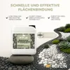 A product shot of a Roxlin Botanic Kiesbinder bottle placed on a large stone, surrounded by gravel and succulents, with marketing text overlayed. Produktbild-Vorschau
