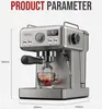 A silver espresso machine is shown with a cup of coffee being brewed. Produktbild-Vorschau