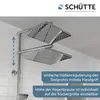 A close-up view of a modern showerhead system mounted on a tiled wall, with text overlays describing its features. Produktbild-Vorschau