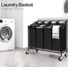 A laundry basket with multiple compartments is shown next to a washing machine. There are also faint outlines of a child and a cat on the floor. Voir les images du produit