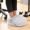 A person's feet are inside a fluffy electric foot warmer, with a pair of black shoes visible in the background. Produktbild-Vorschau