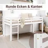 A white loft bed with a mattress and bedding, set up in a room with shelves and baskets. Produktbild-Vorschau