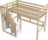 A wooden loft bed with stairs and storage compartments, shown against a white background. Voir les images du produit